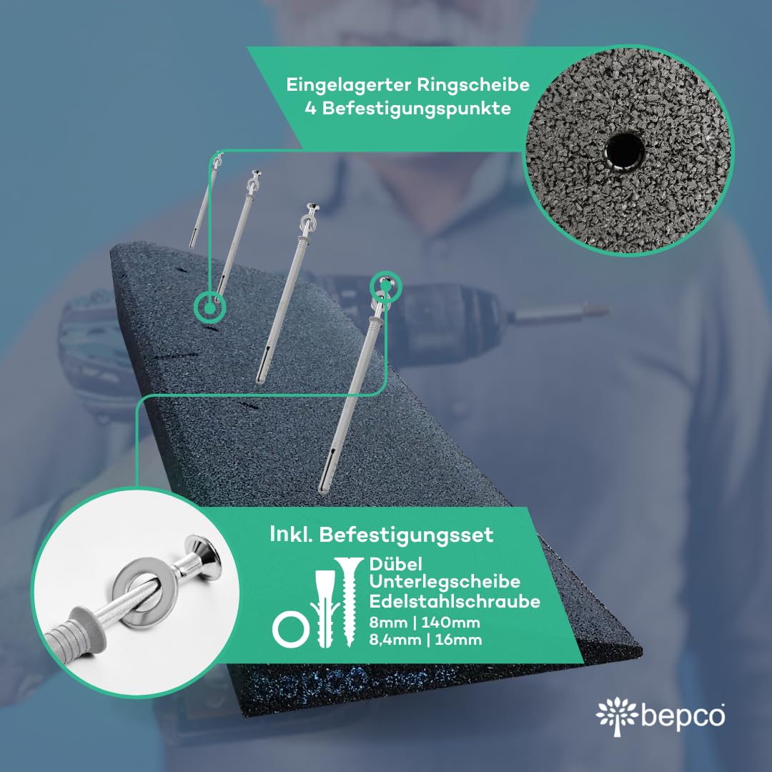 bepco Bordsteinkanten-Rampe mit Befestigungs-Set, LxBxH: 100 x 25 x 10 cm aus Gummi (schwarz) Auffahrrampe,Türschwellenrampe, mit eingelagerten Unterlegscheiben zur Befestigung