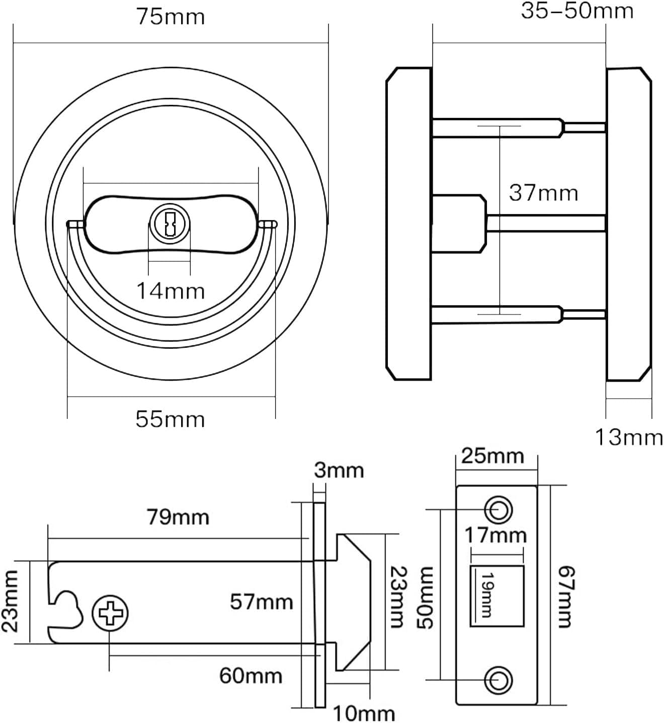 Pocket Door Lock with Key, Femococ Pocket Door Hardware Black Pocket Door Privacy Lock with Pulls 2 3/8"(60mm) Backset Pocket Door Latch for Bathroom
