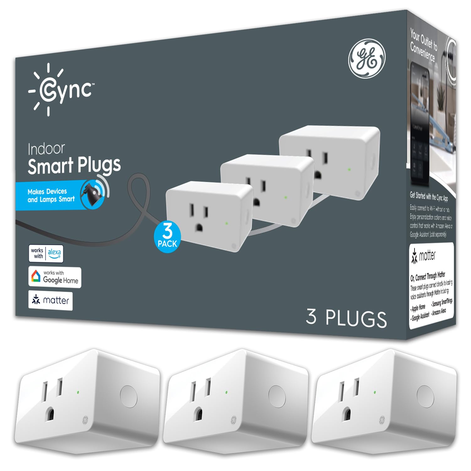 GE CYNC Indoor Smart Plug, Matter Compatible, Bluetooth and Wi-Fi Outlet Socket, Compatible with Alexa and Google Home, Voice Control Outlet (3 Pack)