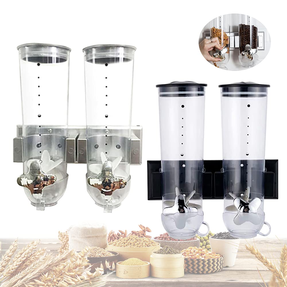 Dispensador de alimentos secos montado en la pared, paquete de 2 dispensadores de cereales dobles, dispensador de granos grandes, dispensador de caramelos de control dual para almacenar granos de ca