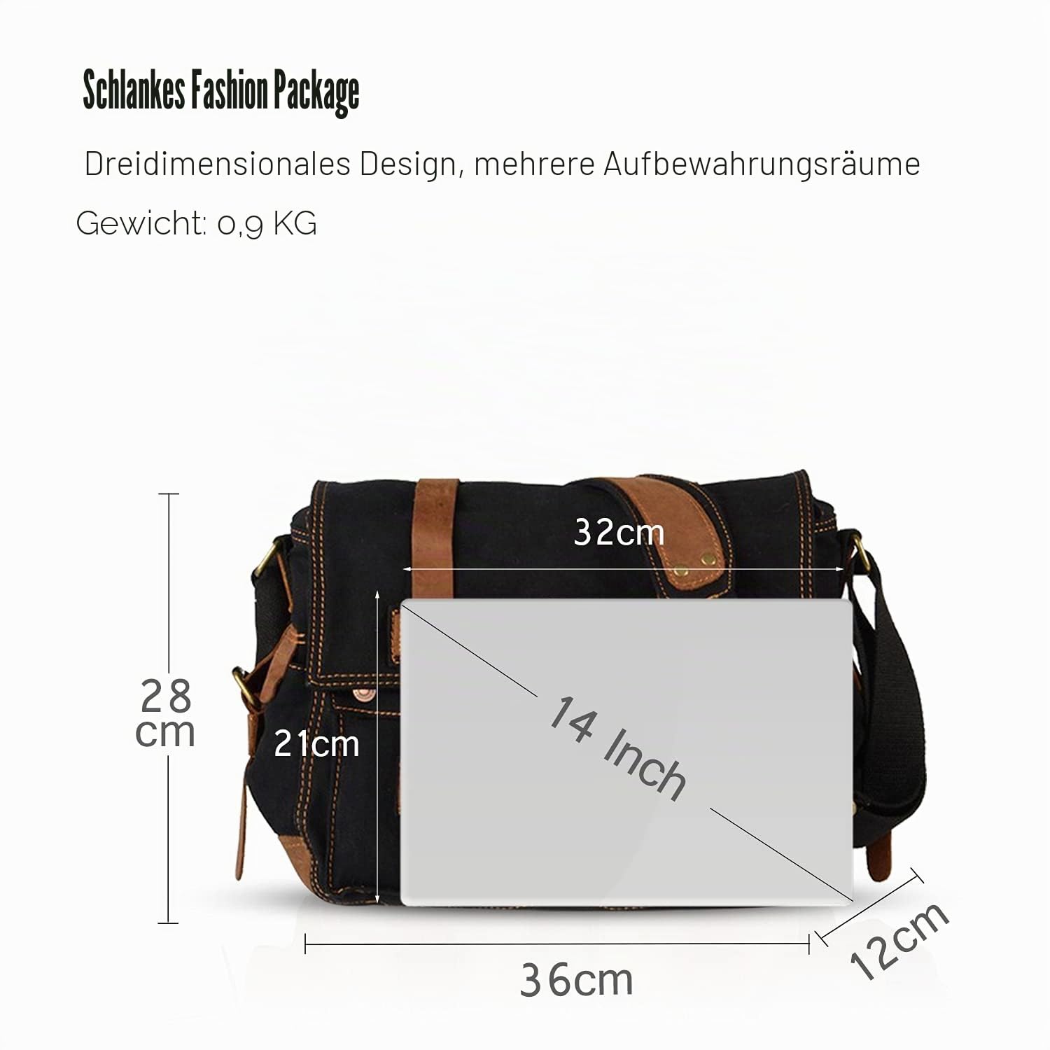 FANDARE Unisex Umhängetasche/Laptoptasche 14 Zoll für Arbeit Herren Messenger Bag Schultertasche Multifunktions Reise Canvas Schwarz