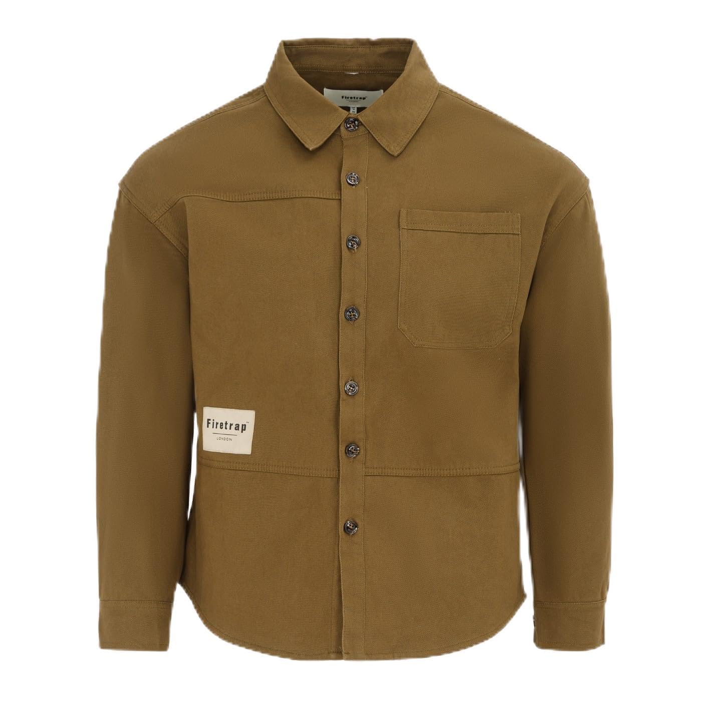 Firetrap Mens Heavy Shirt Long Sleeve Cotton Overshirt Khaki XXL