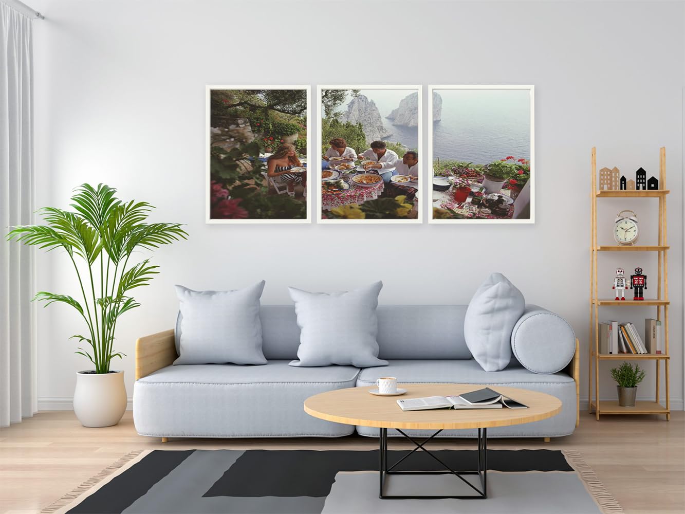 VERRE ART Printed Framed Canvas Painting for Home Decor Office Wall Studio Wall Living Room Decoration (46x27inch (Split in 3 Part) White Floater) - Dining Al Fresco On Capri