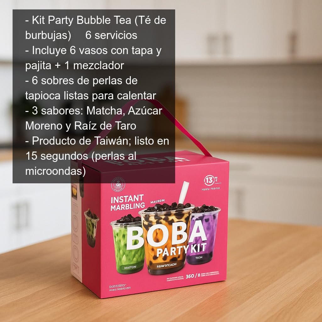Kit Party Bubble Tea para 6 bebidas en casa listo en 15 s con perlas de tapioca boba y 3 sabores Matcha Azúcar Moreno Taro incluye vasos tapas pajitas