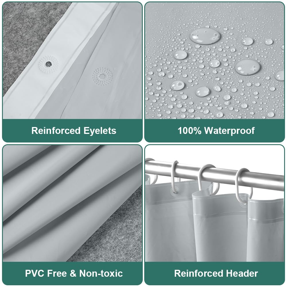 URAQT Shower Curtain Anti Mould, Waterproof PEVA Bath Curtains, Mildew Resistant Bathroom Shower Curtains with 12 Hooks - Image 3