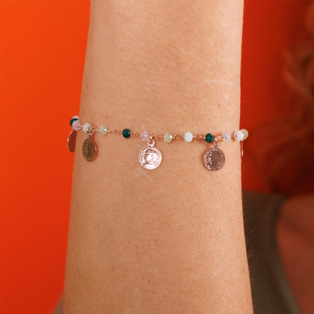 Linea Italia Gioielli - Bracciale per Donna in Argento 925 Placcato Rosa con Monete e Perline Colorate - Made in Italy