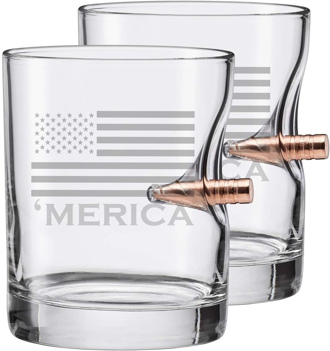 BenShot 'Merica Rocks Glass with Real .308 Bullet - 11oz | Made in the USA [Set of 2]