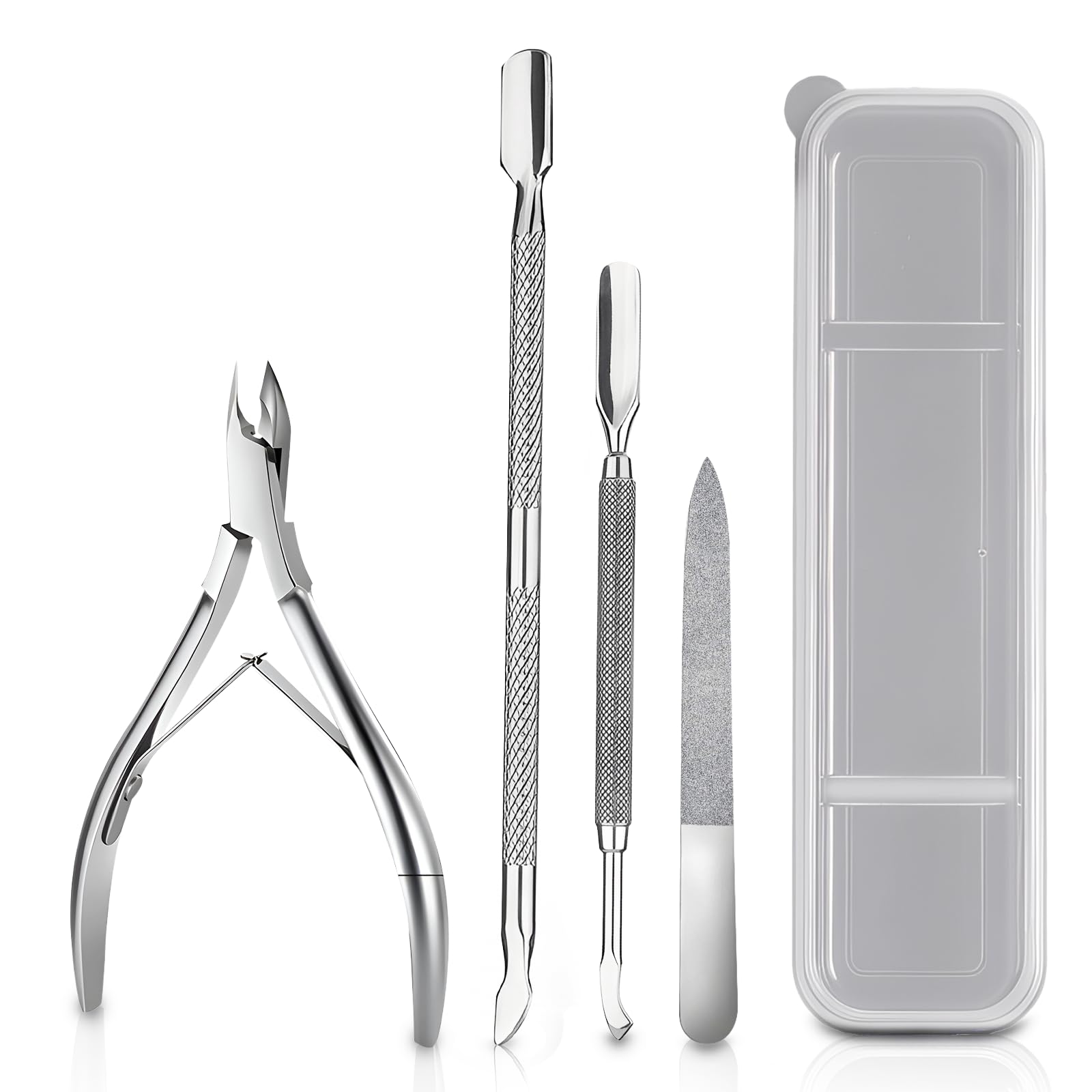 Set Manicura y Pedicura Profesional 4 en 1 – Cortacutículas, Lima de Uñas y 2 Empujadores de Cutículas de Acero Inoxidable – Kit Corta Uñas Adulto, Removedor de Cutículas, Ideal para Viaje