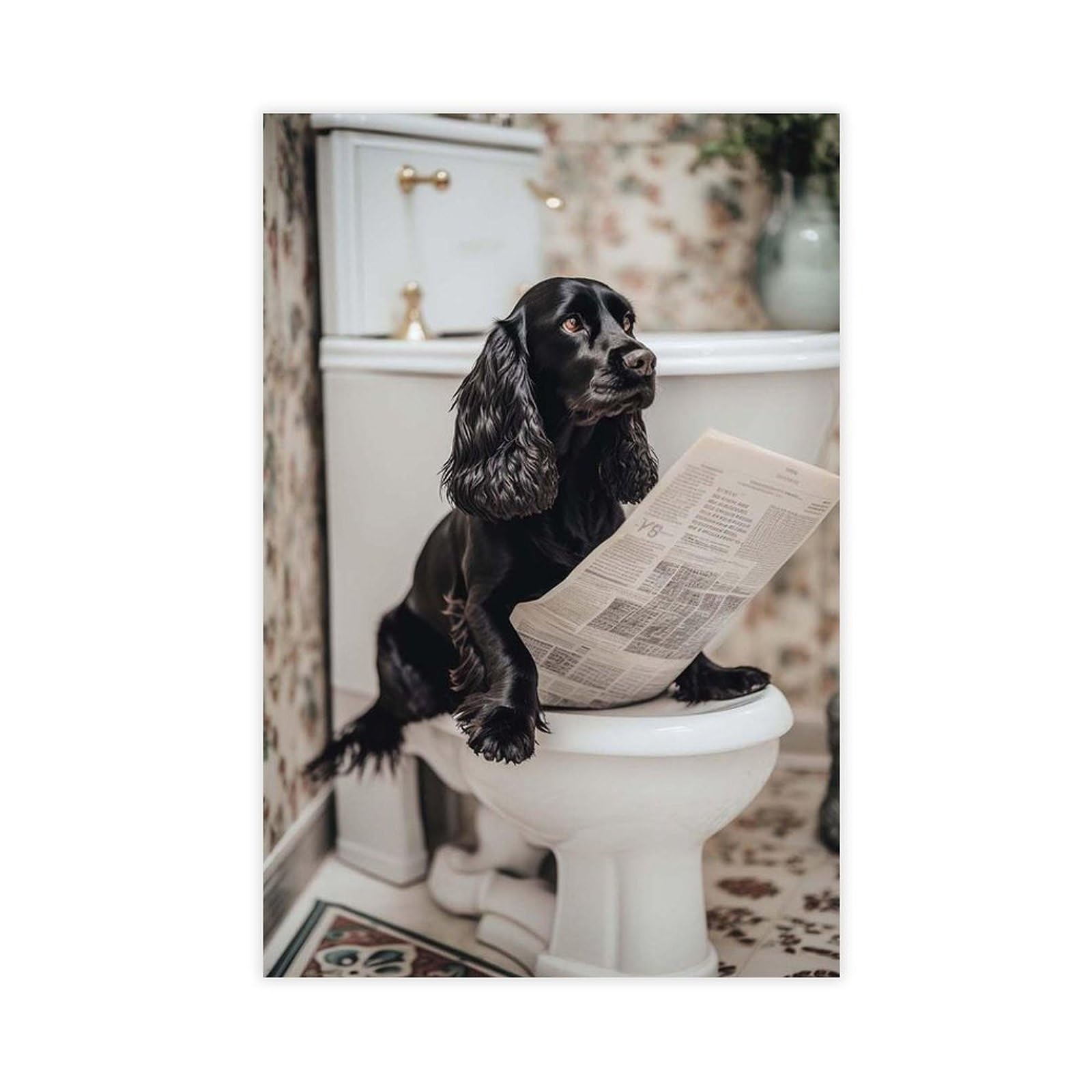 OQUAJK Cocker Spaniel on The Toilet Canvas Poster Bedroom Decor Landscape Office Room Decor Gift 12x18inch(30x45cm)