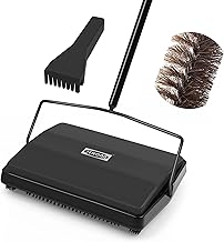 JEHONN Carpet Floor Sweeper Manual with Horsehair, Non Electric Quite Rug Roller Brush Push for Cleaning Pet Hair, Loose Debris, Lint Black