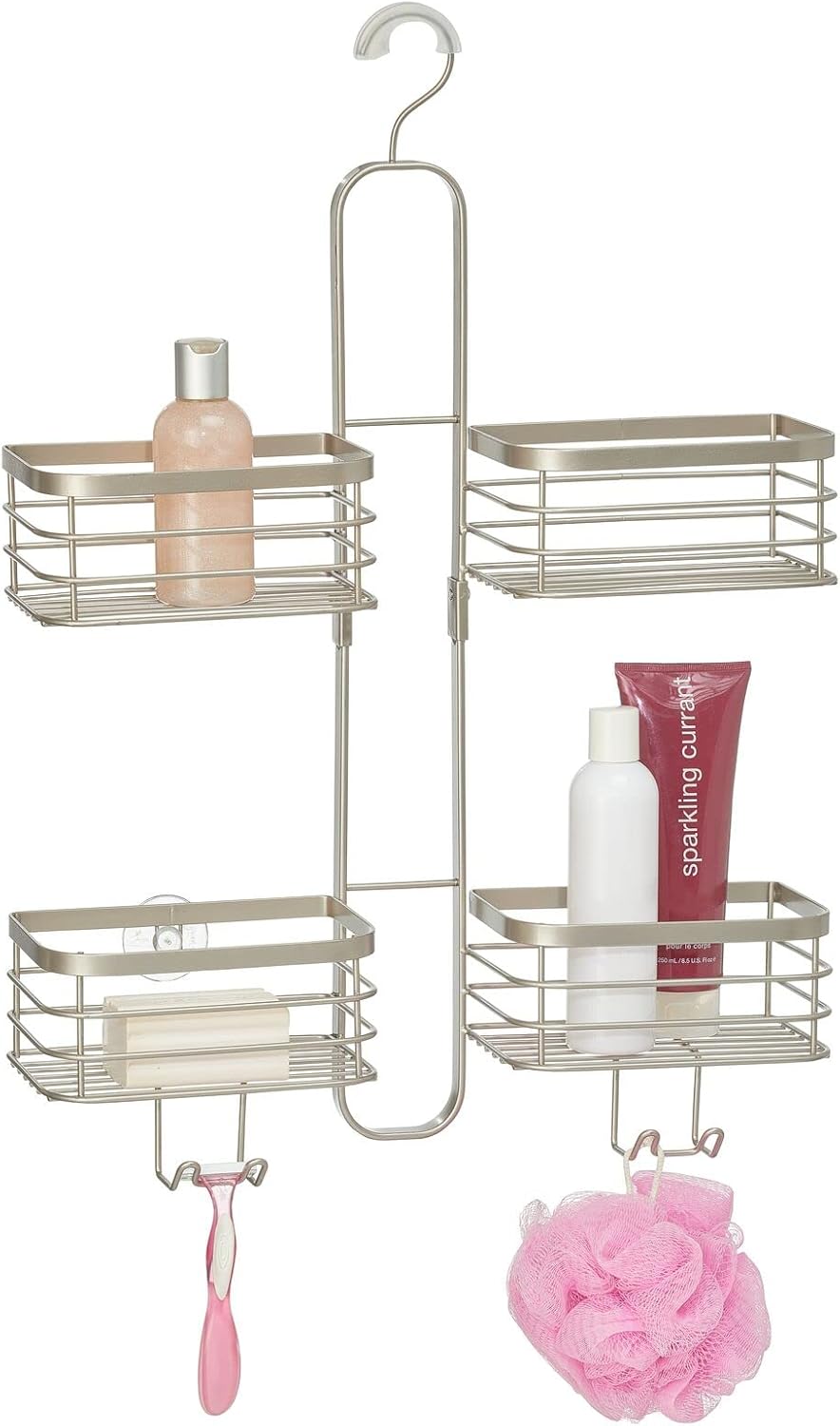 mDesign Metal Steel Hanging Shower Caddy, 4 Basket Organizer Rack for Bathroom; Hold Handheld Shower Head, Hose, Shampoo, Conditioner, Shaving Cream, Soap, Loofah - Carson Collection - Satin