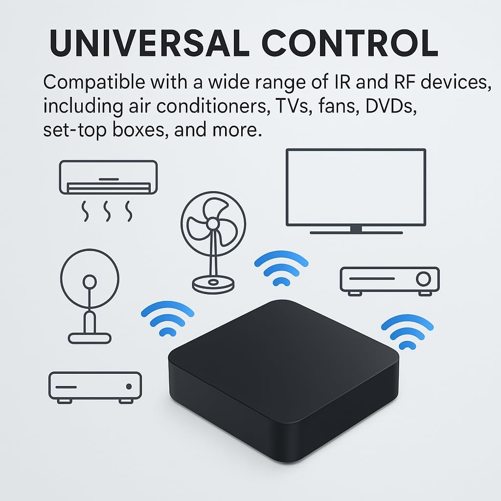 Wi-Fi Universal IR/RF Remote Hub 433.92 MHz Fixed-Code Only, App Control via Smart Life/Tuya, Works with Alexa & Google, 2.4 GHz Wi-Fi Only, USB-C Powered — Control TV, A/C, Fans, RF Switches Blinds 3 61O53V16LDL. AC SL1024