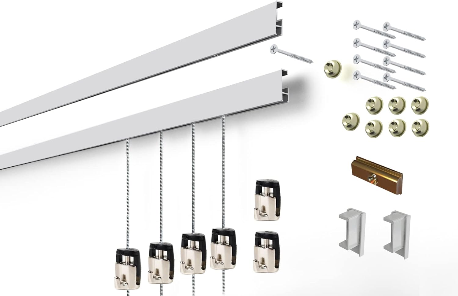 Cliprail Complete Art Hanging Gallery System with Superior Design Cam Hooks (3 Rails 9 Hooks and 6 Cables, White Rails)