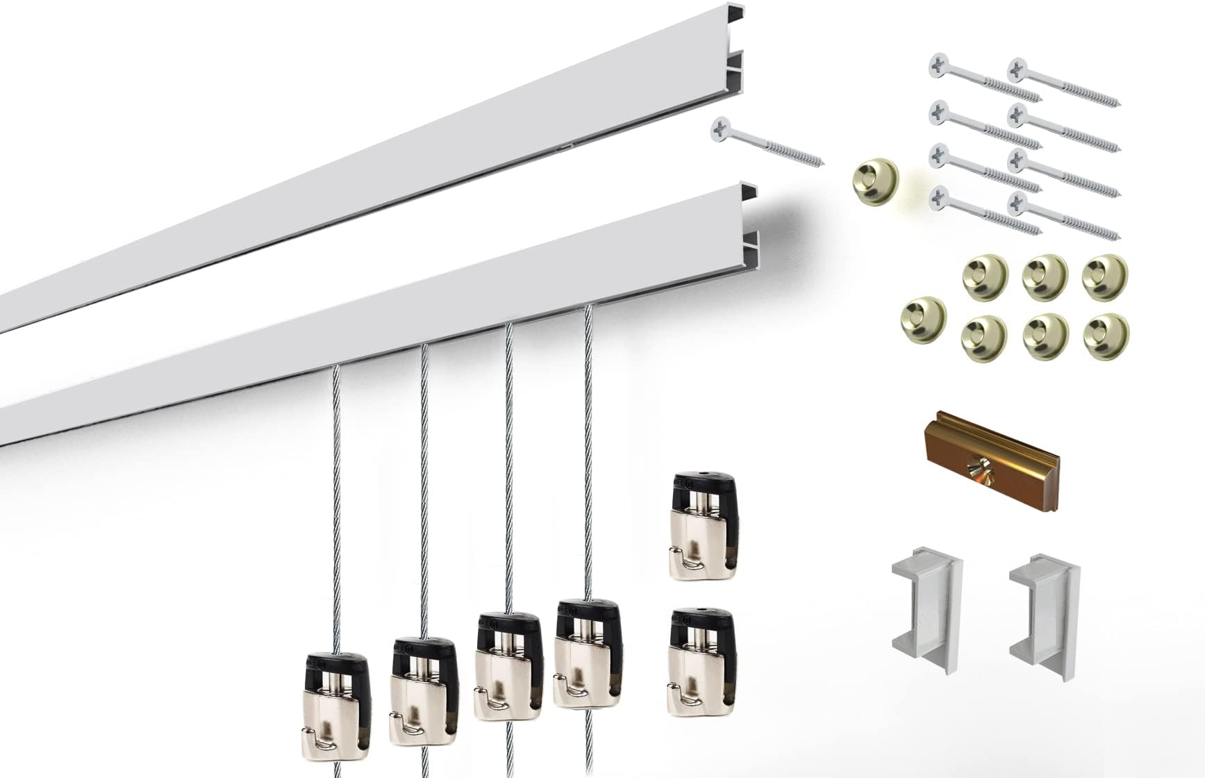 Cliprail Complete Art Hanging Gallery System with Superior Design Cam Hooks (2 Rails 6 Hooks and 4 Cables, Matte Silver Rails)