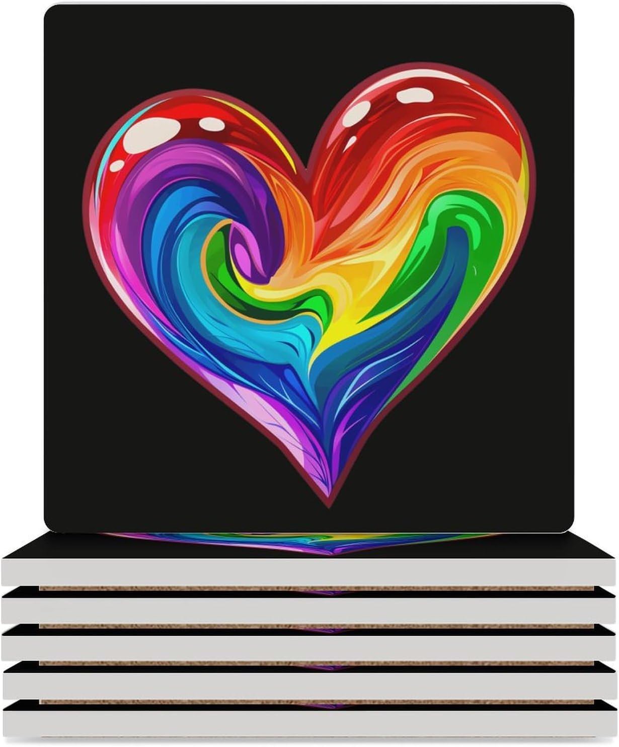 LGBT Rainbow Heart Coaster for Drinks Square Ceramic Table Coasters Stone Mat Crafts 6PCS Home Kitchen Decor