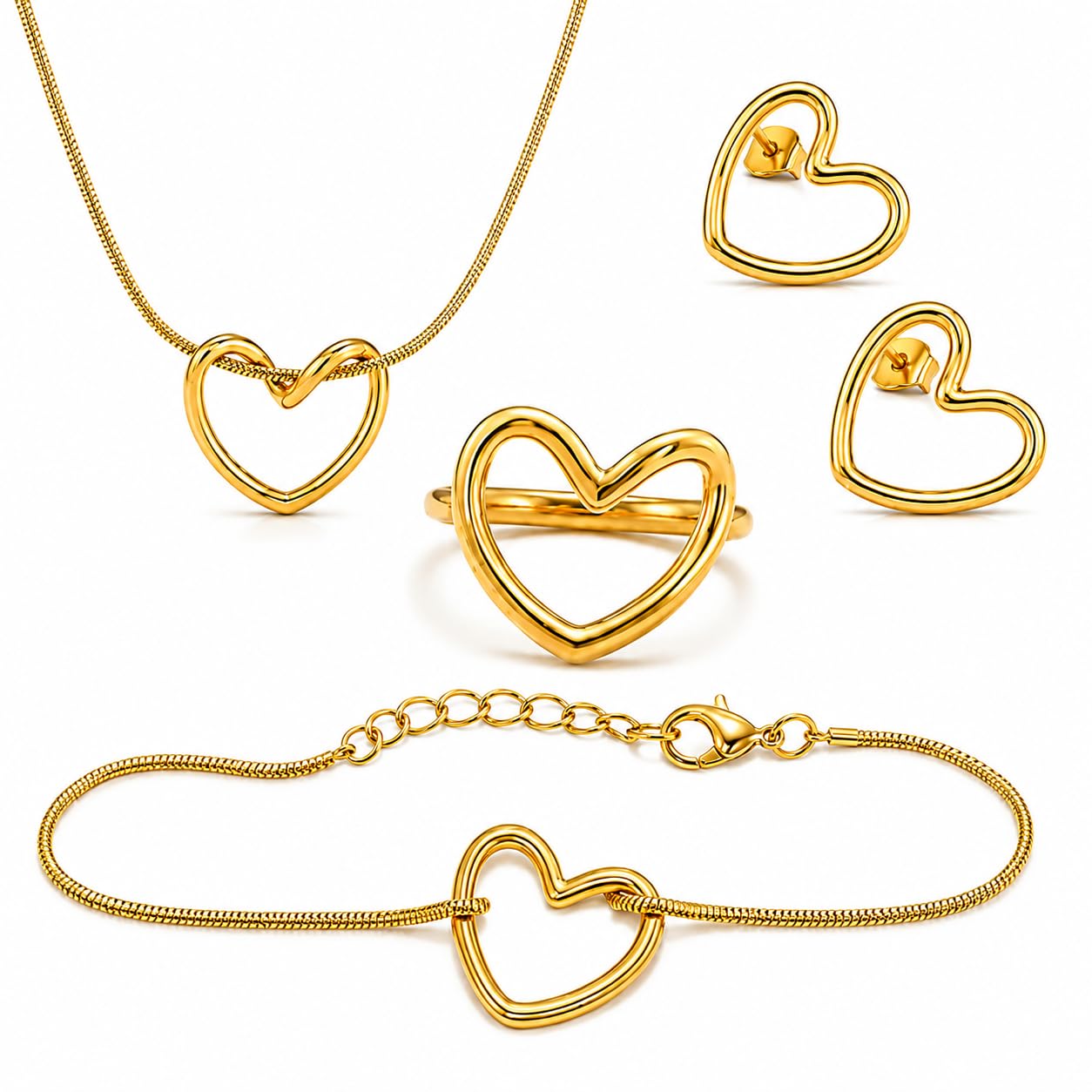 Gold Plated Heart Jewelry Set for Women | Trendy Heart Necklace Bracelet Ring & Stud Earrings Combo | Adjustable Stainless Steel Tarnish Resistant Hypoallergenic Gift Set for Girls & Women-image-10