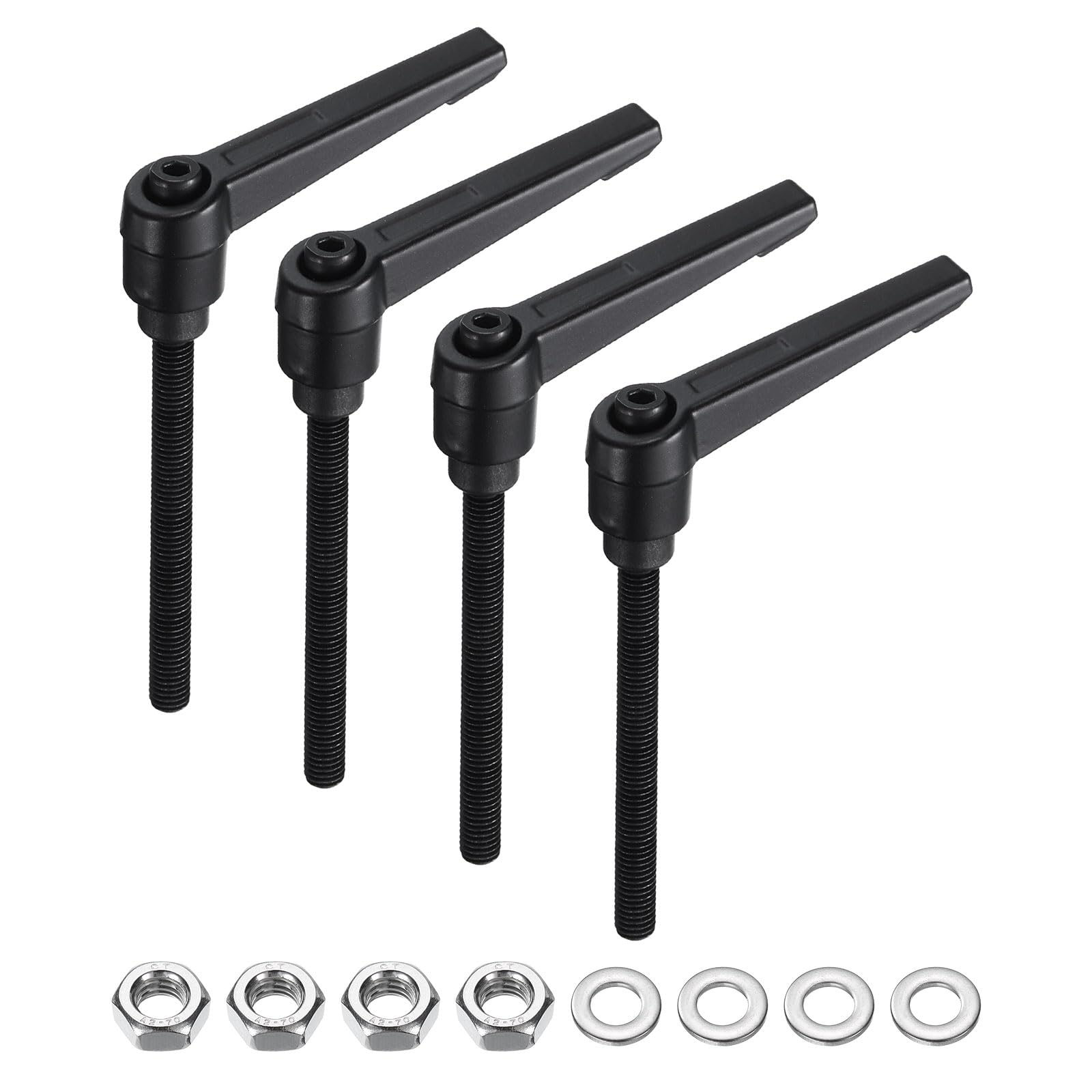 uxcell 4pcs Lever Adjustable Handles M6 x 70mm Metric Male Thread with Nuts Washers, Level Clamping Handle Set Hand Stud Knobs Rotating Screw Handles Bolts with Locking Lever, Black