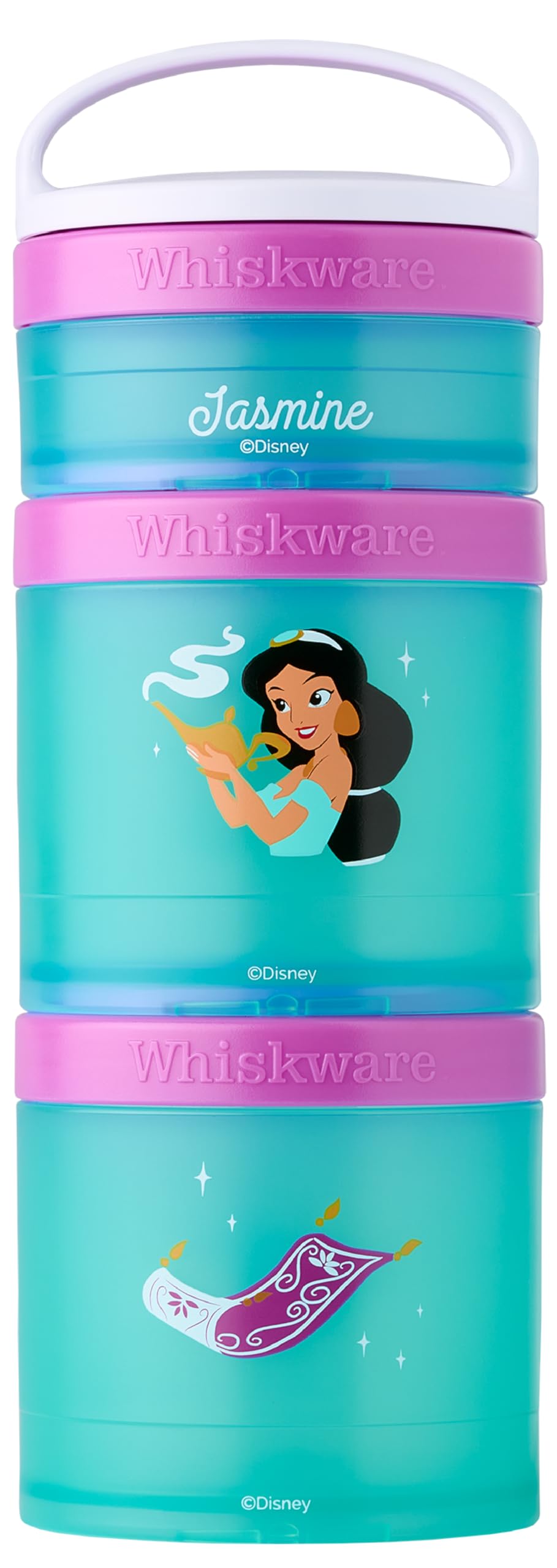 Whiskware Disney Princess Aladdin, Stackable Snack Containers for Babies, Kids, and Toddlers, 3 Stackable Snack Cups for School or Travel, Backpack and Cupholder Friendly, Jasmine and Magic Carpet