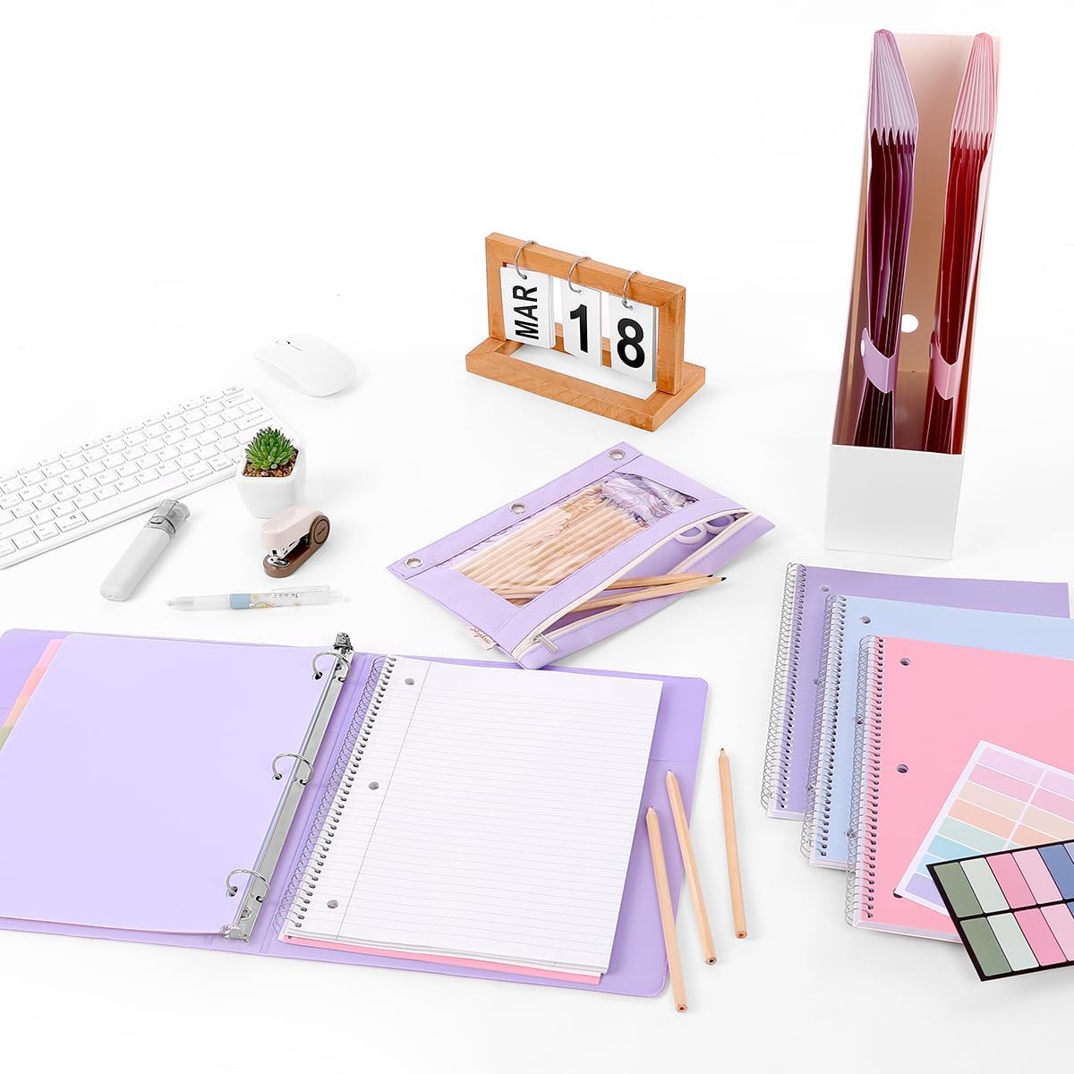 SKYDUE Set di materiale scolastico - Raccoglitore a 3 anelli da 2,5 cm, 2 cartelle espandibili, 3 quaderni a spirale, 8 divisori per schede e astuccio per matite - Cancelleria carina per studi
