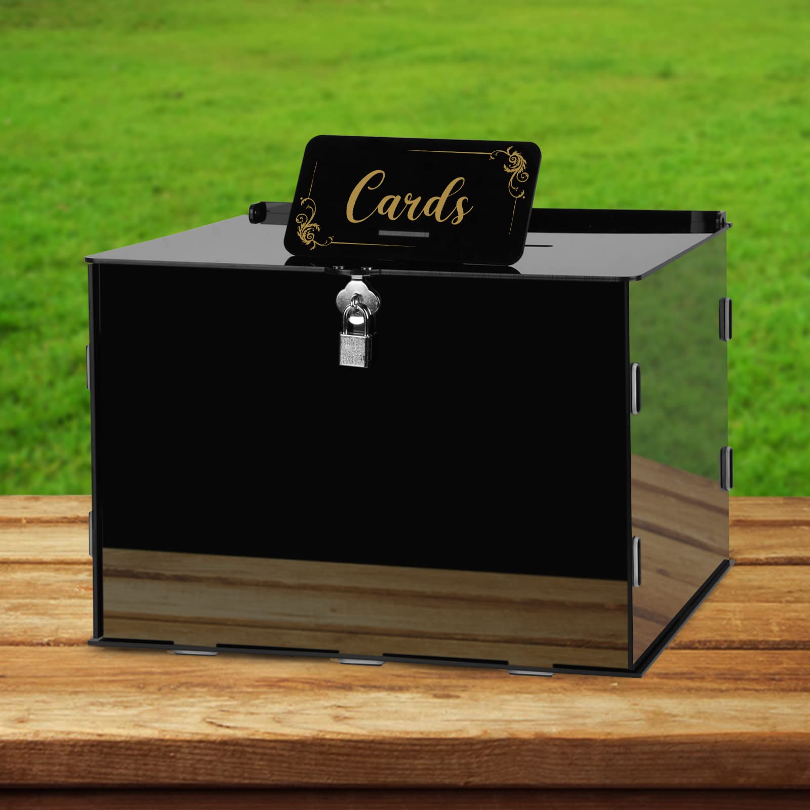 Photo 1 of Fowecelt Acrylic Wedding Card Box with Lock Black Large Card Box PVC Gift Cards Holder with Slot for Wedding Reception Bridal Shower Birthday Baby Shower Graduation Funeral Memorial Decor