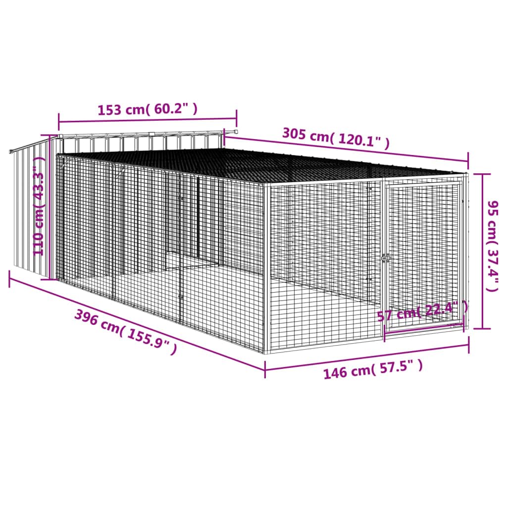vidaXL Caseta Perros con Corral Acero galvanizado Gris 153x396x110 cm