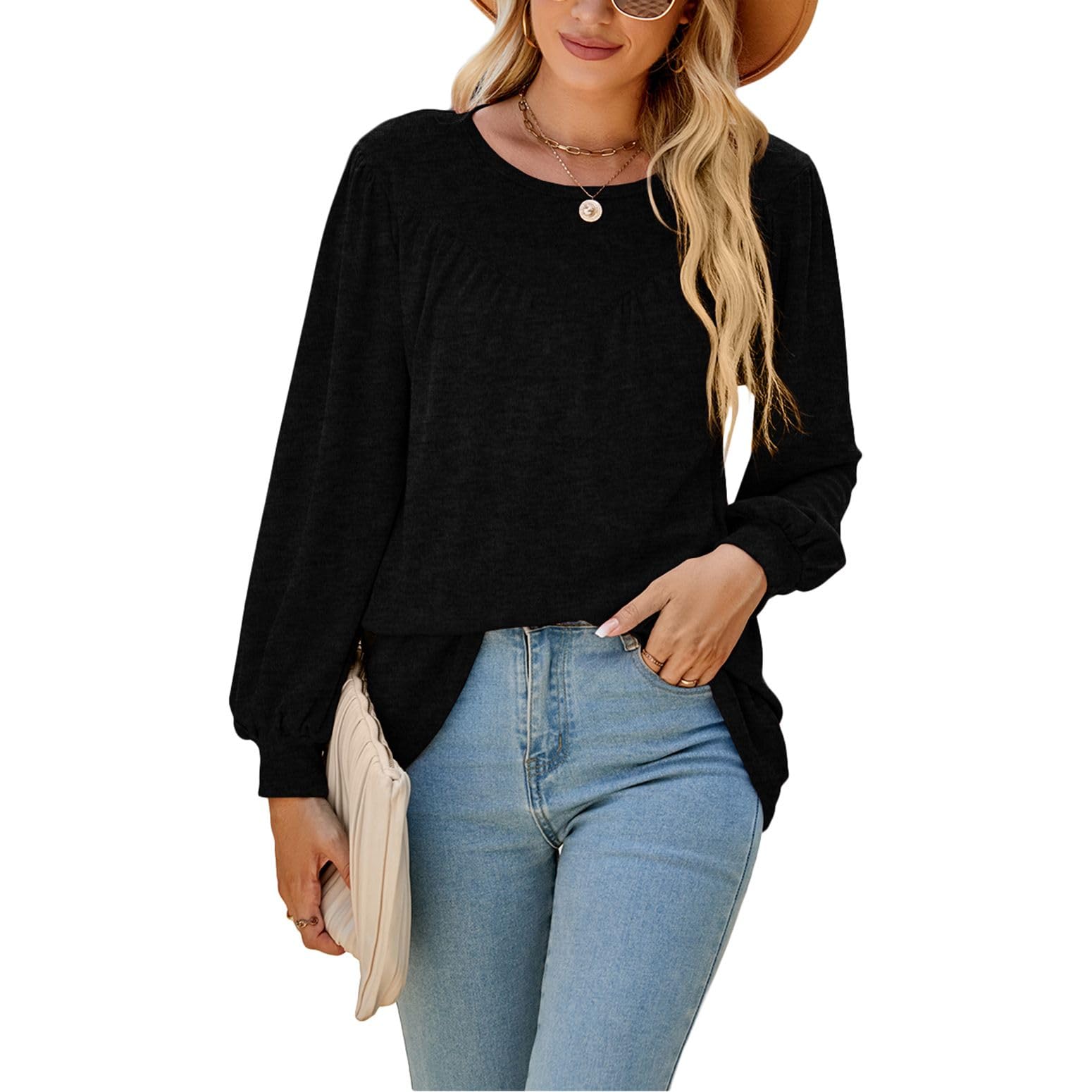 Homgro Women's Puff Sleeve Shirt Long Sleeve Blouse Long Elegant Soft Bishop Sleeve Casual Crew Neck