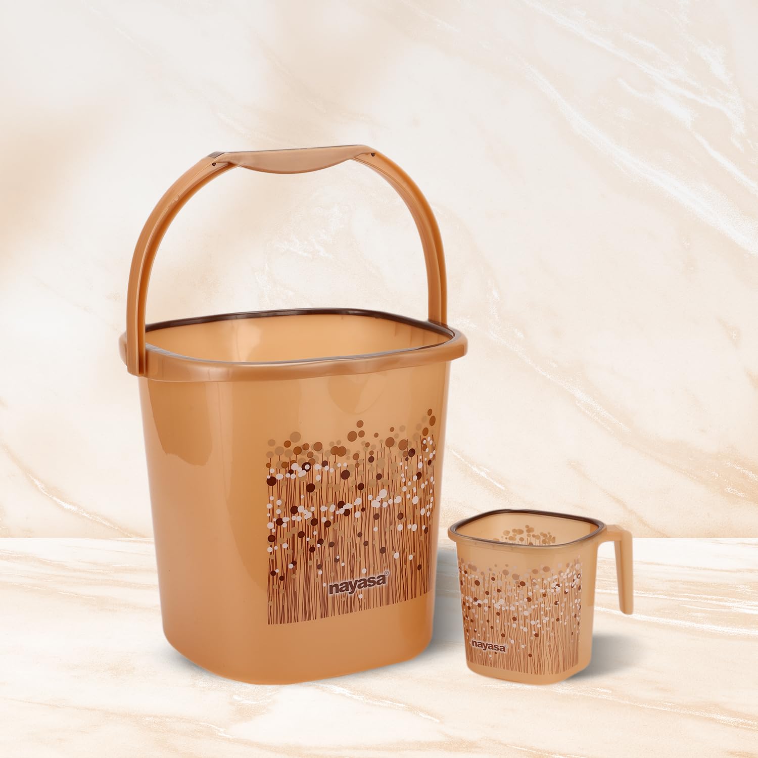 Nayasa Square Ring Funk Plastic Bucket Set for Bathroom | Bucket and Mug (25 Liters & 1.5 Liters) | Bathroom Set of 2 | Bathroom Accessories Set | Bathroom Bucket Set | Brown