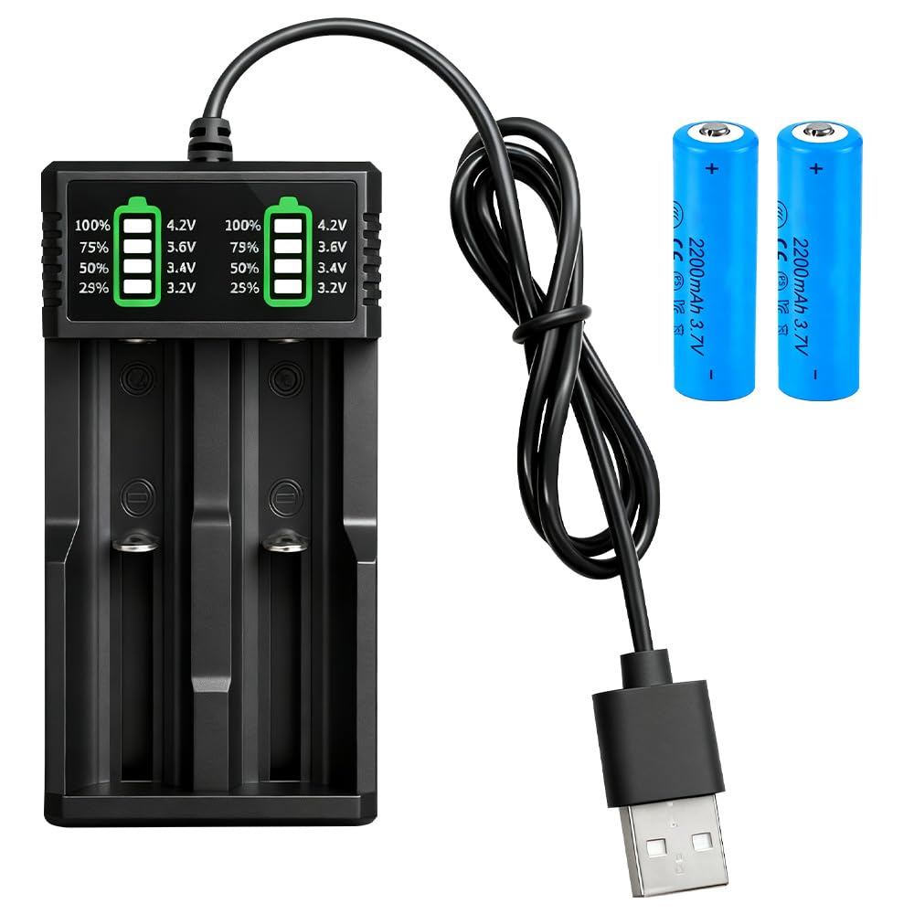Battery Charger Set with 2 Pack 3.7V 2200mAh Battery Button Top Li-ion, 2-Bay 3.7V, Li-ion Rechargeable Batteries for 18500 21700 26650 14500 16340 10440 18650 (2 Pack)