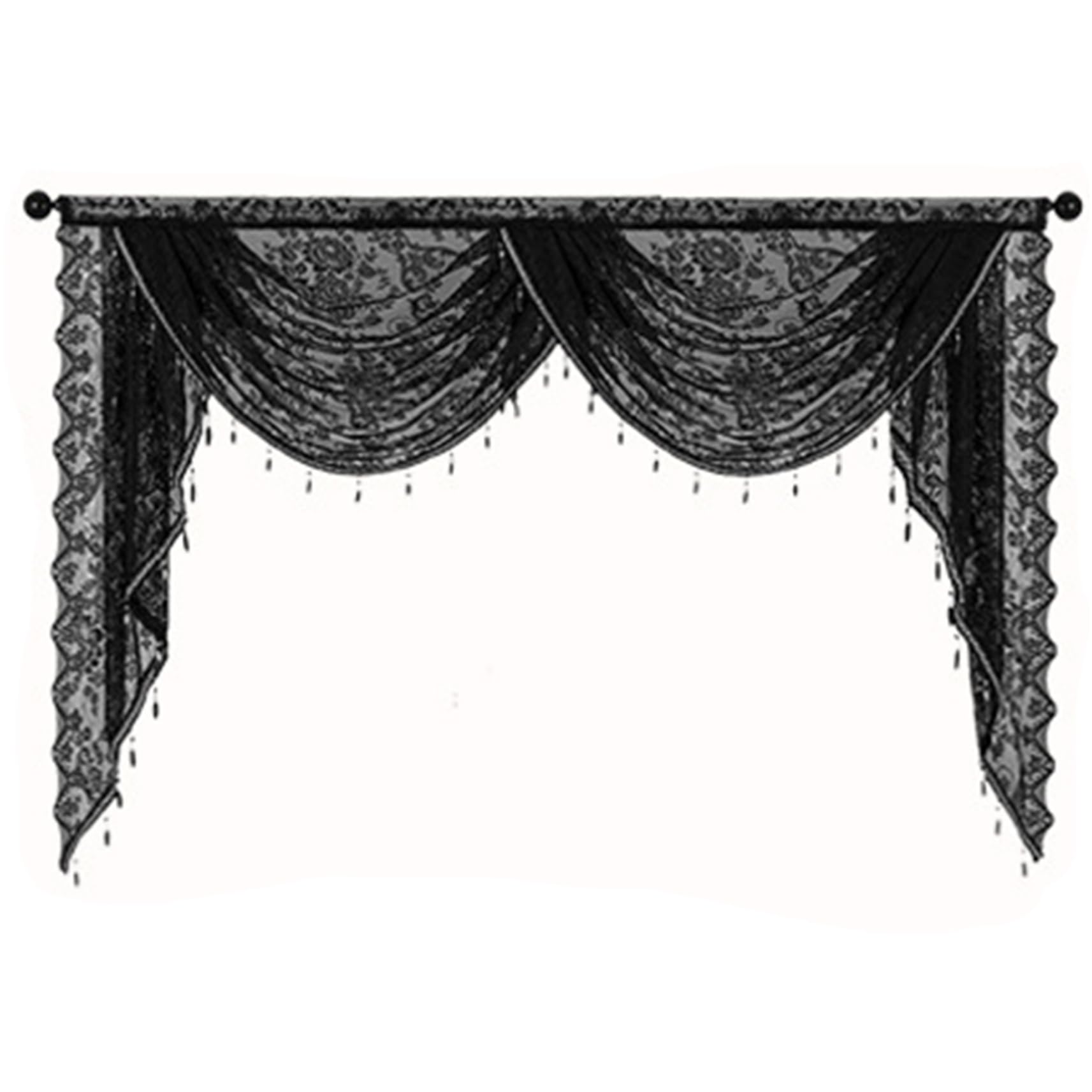 CAKEEYUM Waterfall Valance with Bead Tassels 59x41 Vintage Floral Black Lace Curtains Semi Sheer Rod Pocket Gothic Curtain for Halloween, Bedroom, Living Room Waterfall Valance, Valances for Wi