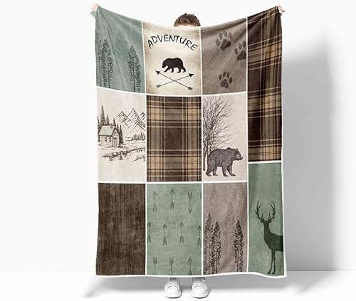 Miniatura 3 de Manta de franela rústica retro para sofá, oso ciervo, caza, animales salvajes, cama, sofá, manta cálida para cama, camping, viajes, sala de estar,