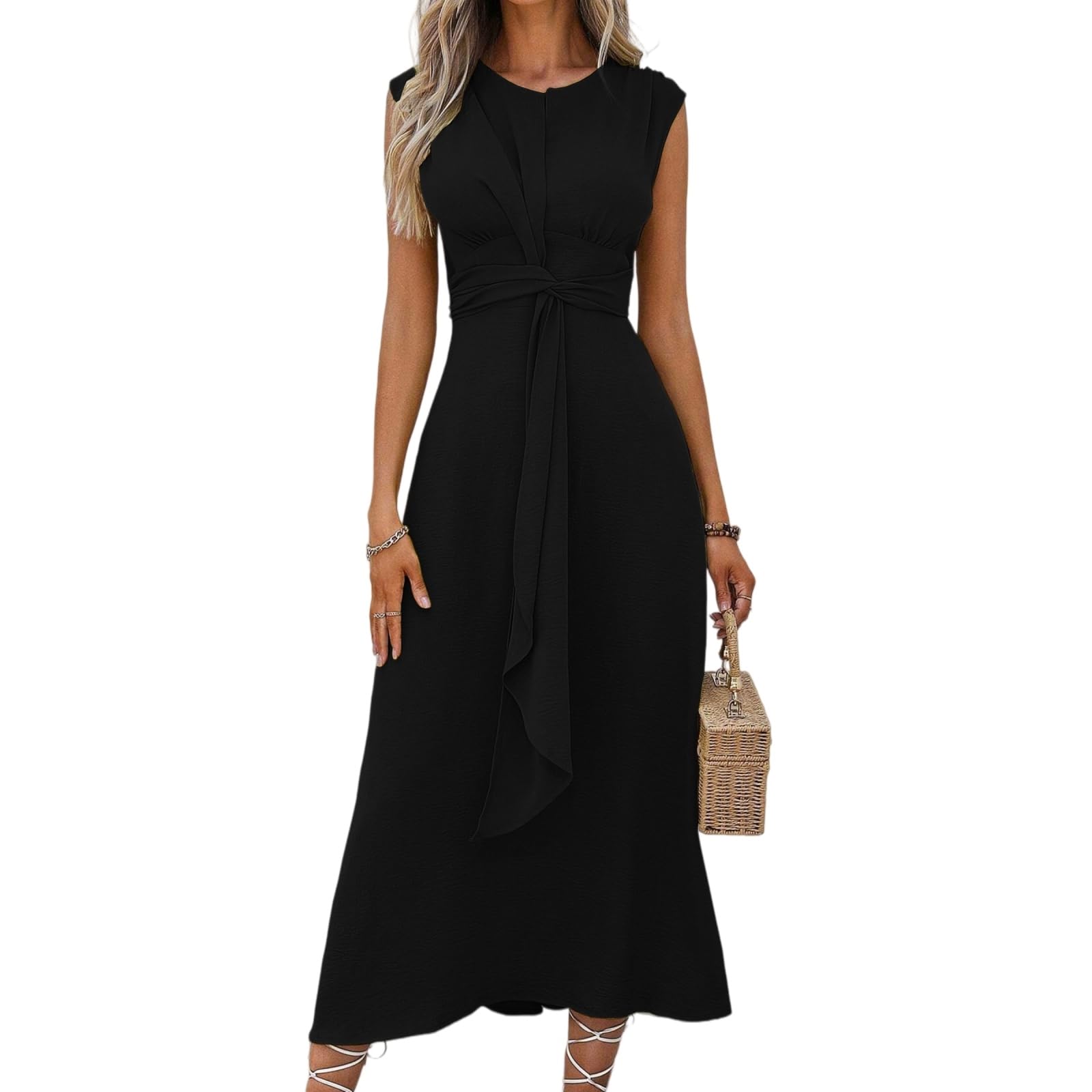 Vestito Abito da Donna A-Line Midi - Senza Maniche, Cinturine Anteriori Sottili, Design A Cintura, Perfetto per l'Abbigliamento Estivo Casual E Serale-Blue-m