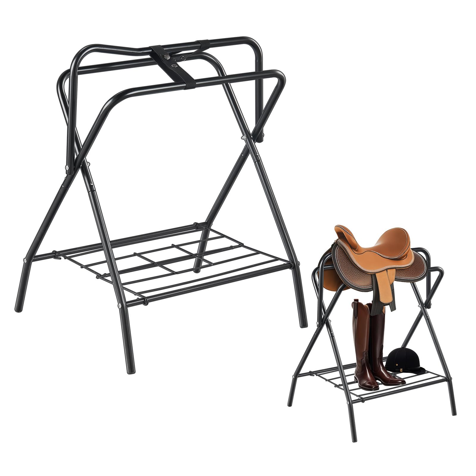 Happybuy Folding Saddle Rack,Freestanding Horse Saddle Stand, Portable Horse Blanket Holder, Heavy Duty Steel Saddle Rack for English & Western Saddles, Tack Storage, Black,28 x 19 x 37.5 in