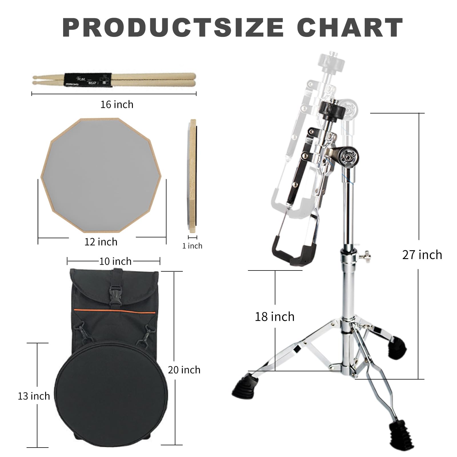 Trommel-Übungspad mit Ständer, 12 Zoll leises Snare-Trommel-Übungspad-Set, inkl. 3 Paar Trommelstöcken, Trommelstock-Halter und Aufbewahrungstasche, höhenverstellbar, gray für Anfänger