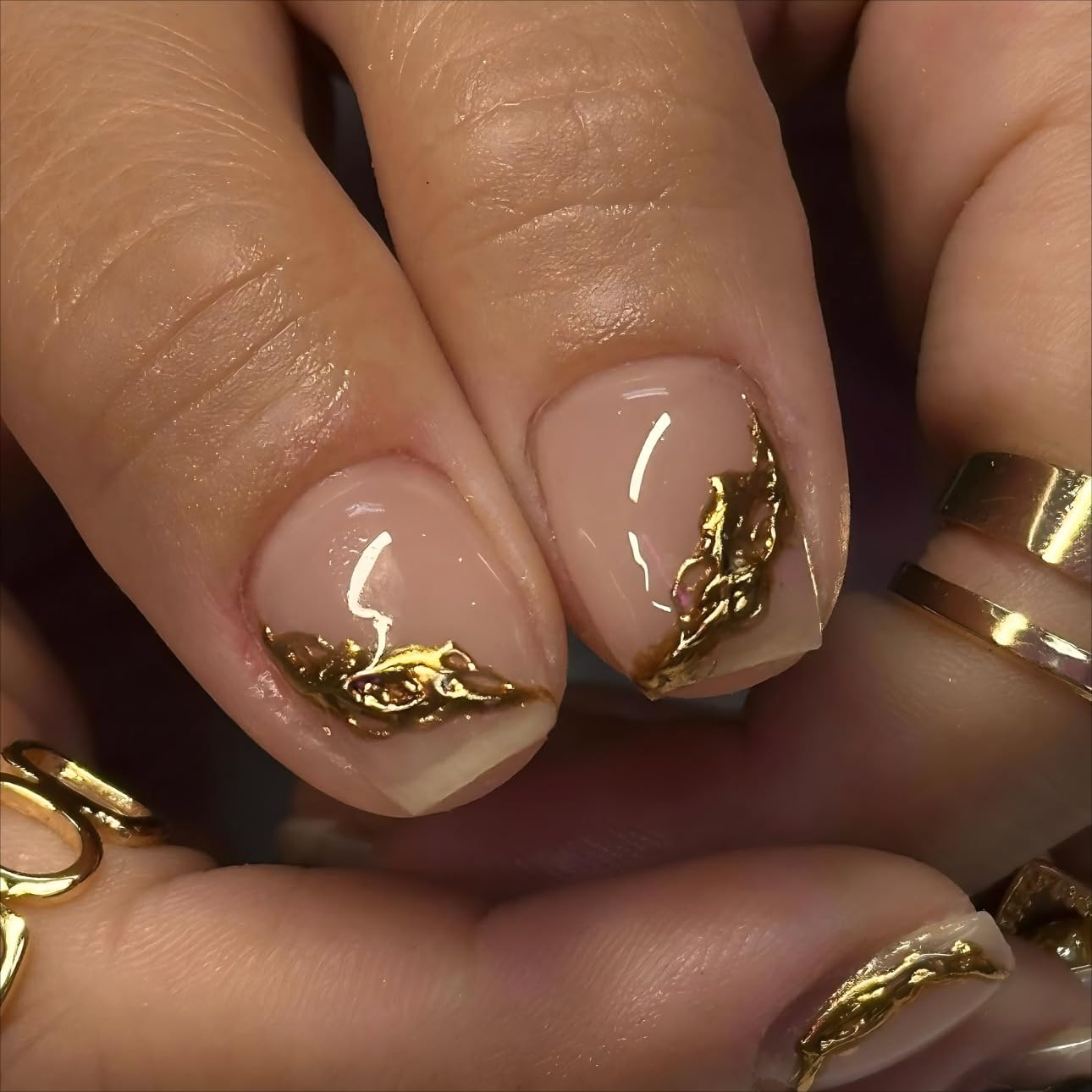 SXVME Brown Press on Short Square, Gold French False Nails with Floral Designs, Embossed Gold French Fake Nails - Image 3