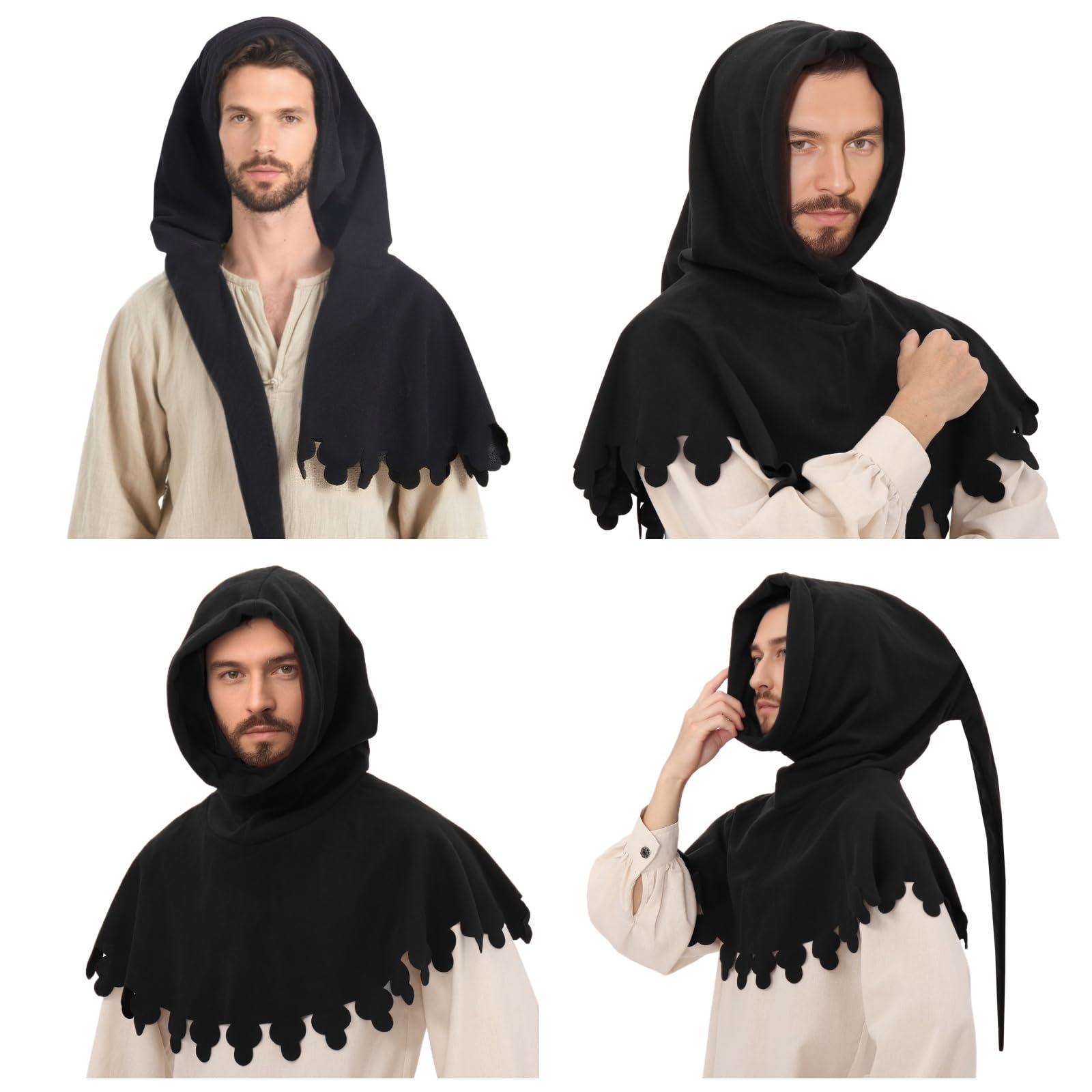 UJUROU Medieval Chaperon Hat Mens Renaissance Cap with Liripipe Faire Festival LARP Accessories (Black)