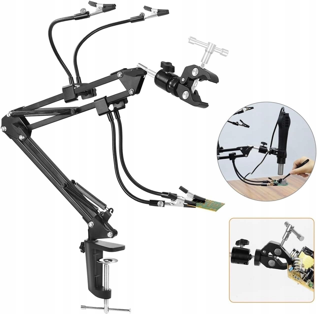 Rosfix Tercera mano universal con 4 pinzas de cocodrilo, brazo de codo, abrazaderas ajustables, trabajo de precisión, soldadura, accesorios electrónicos