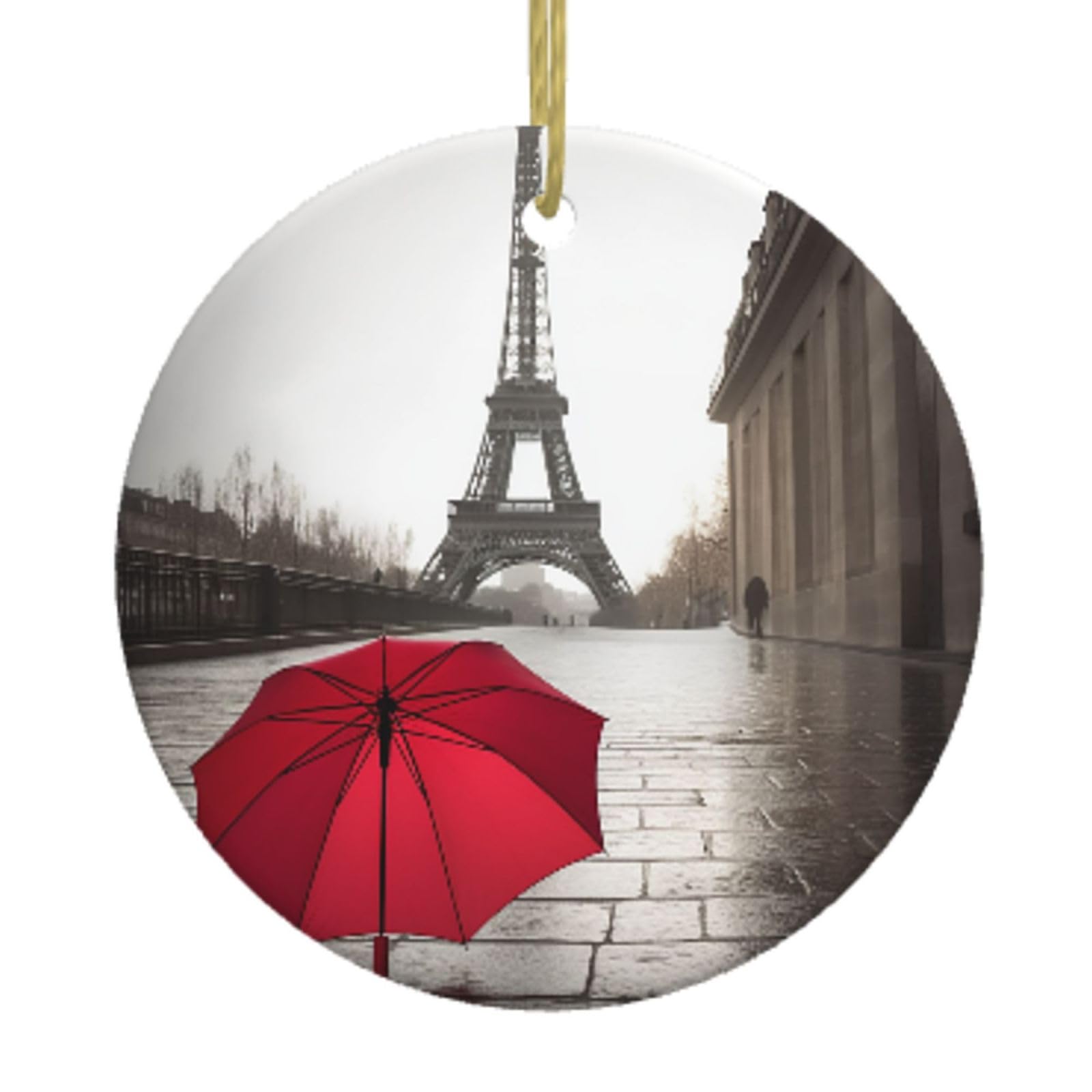Ceramic Christmas Tree Hanging Ornaments with Gold Ropes Christmas Tree Decorations Round Ceramic Eiffel Tower Paris Street Red Umbrella Pendant Keepsake Decorations for Holiday Xmas Gift Ideas