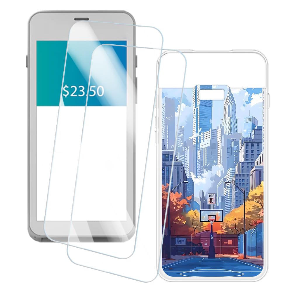 2 Pack Screen Protector + Case Compatible with Pax A77 Mini Pos (5.5 inch) Case Artistic Custom Printed Cover and Tempered Glass Film Anti-Scratch (City)