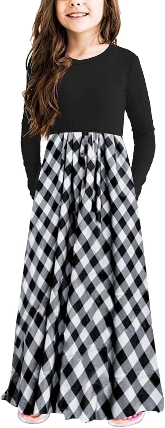 KYMIDY Girls Maxi Dress Kids Buffalo Check Plaid Long Sleeve Casual Dresses with Pockets for Girls 6-14 Years