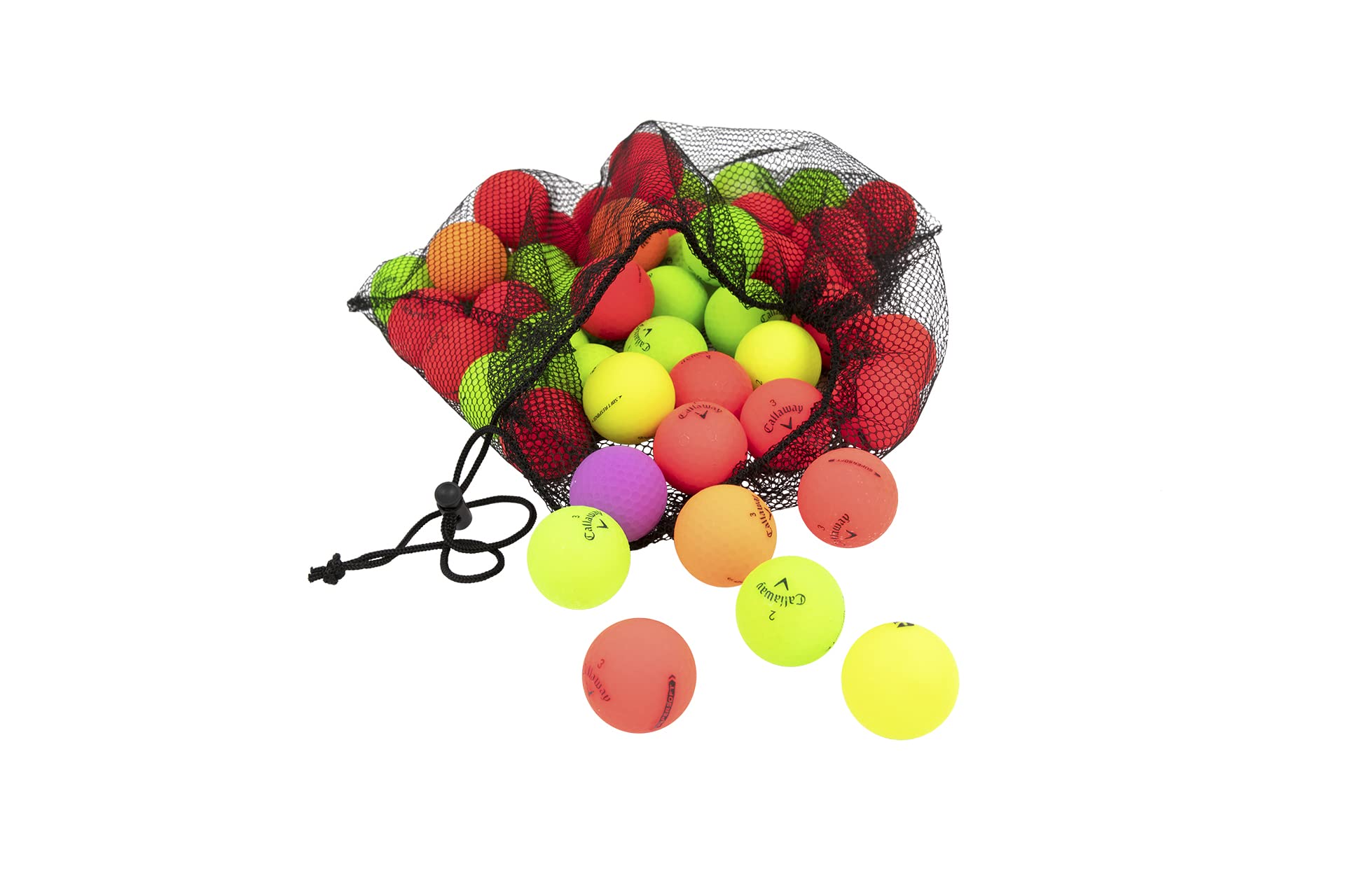 Clean Green Golf Balls 24 Stück recycelte, matte farbige Bälle – Markenmischung – AAA (3A) Guter Zustand – inklusive 24 Golfbälle und Netz-Tragetasche