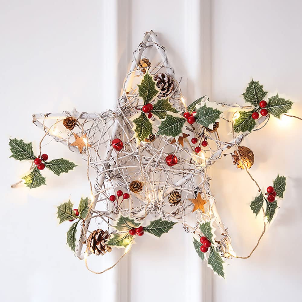 Guirnalda de Navidad con luces, 20 luces LED de 6.56 pies, funciona con pilas, guirnalda de hojas de bayas rojas, guirnalda de árbol de Navidad, decoración de interiores, luces cálidas para