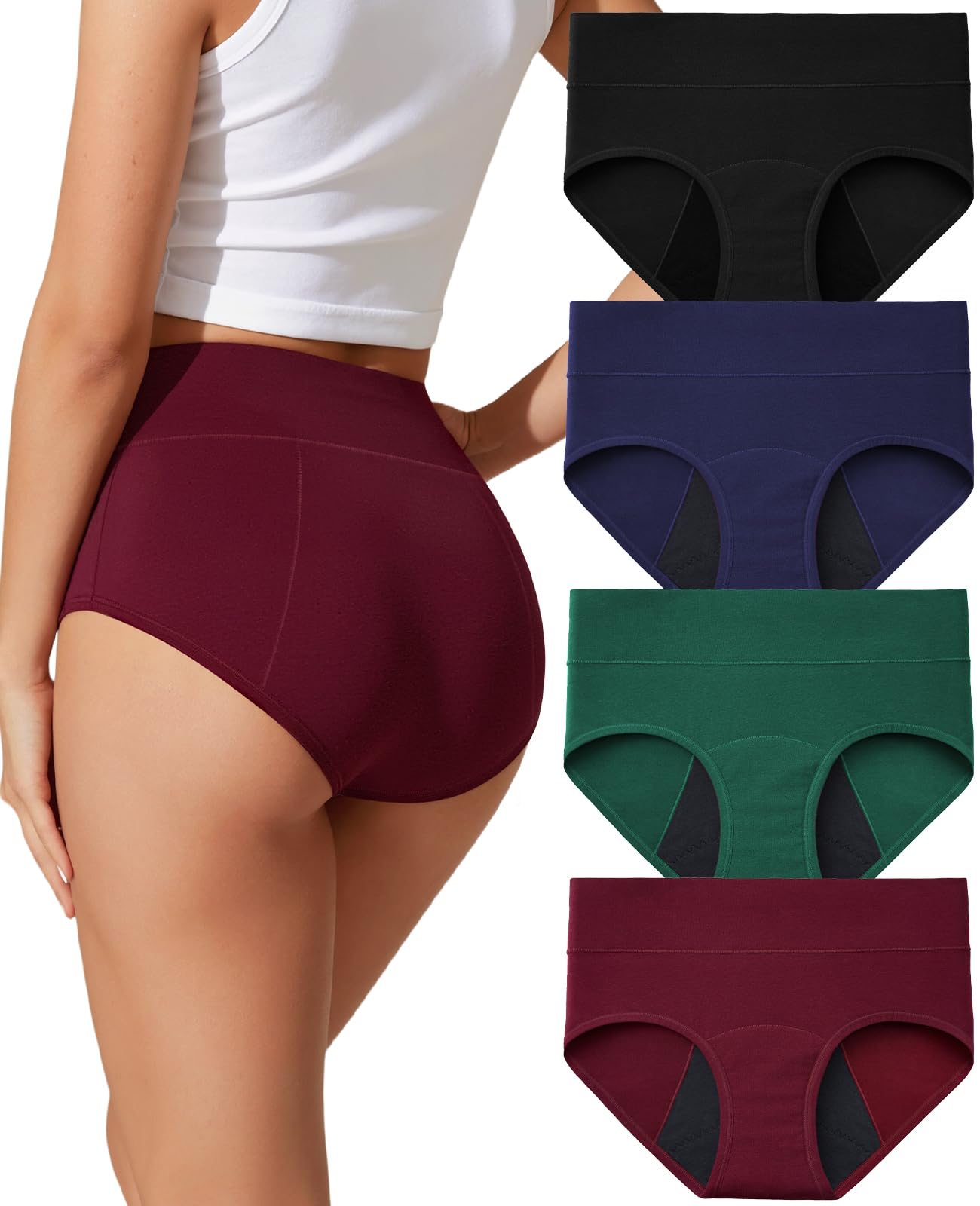 ACEJUNE Period Cotton Underwear for Women Leak-Proof Menstrual Comfort Panties for Teens and Postpartum 4 Pack
