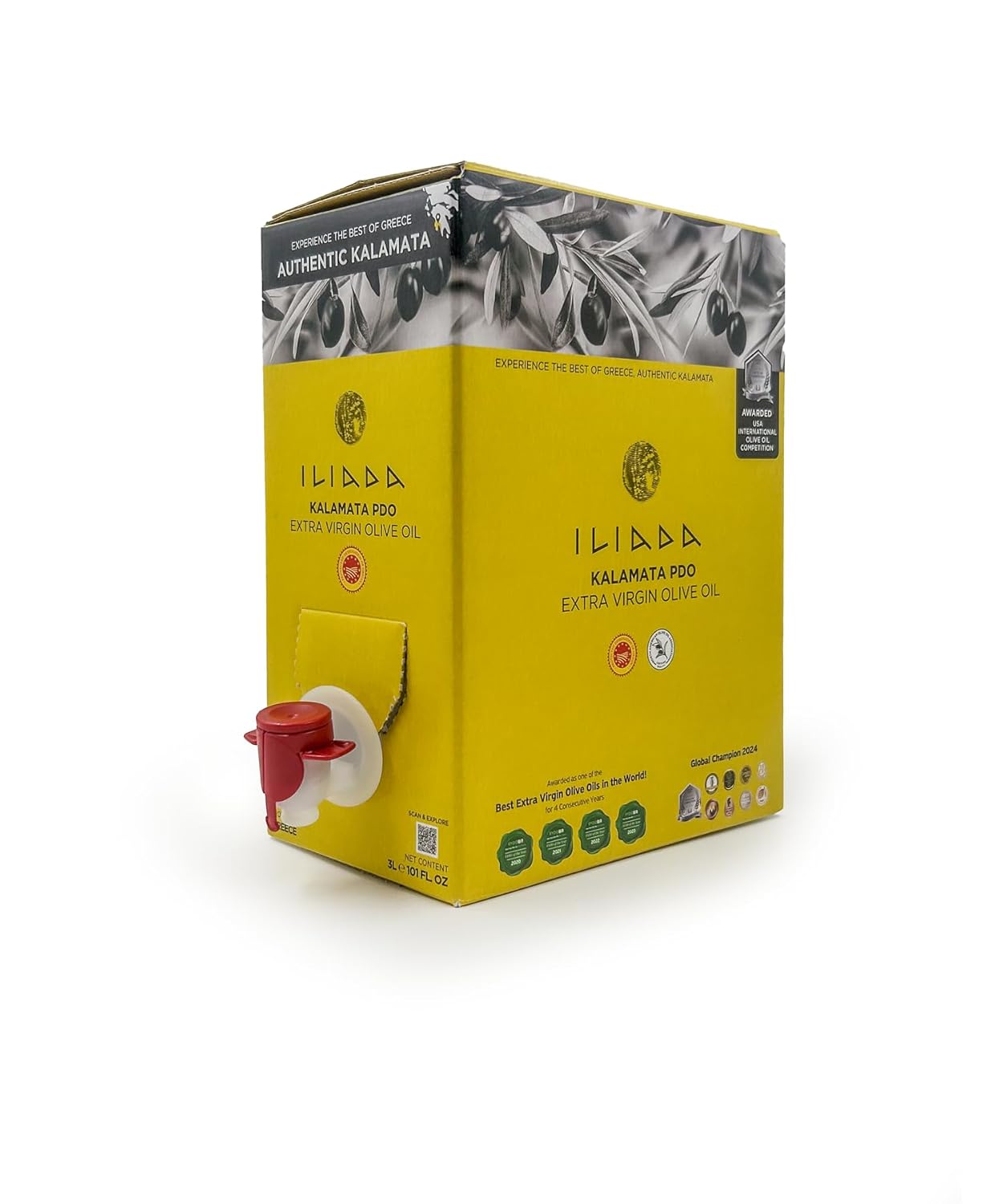Iliada Kalamata PDO Extra Virgin Olive Oil Bag in a Box, 3Lt | Multi-Awarded | Single Region 100% Greek | Monovarietal Koroneiki | Cold Press | Polyphenol Rich | Chef's Favorite