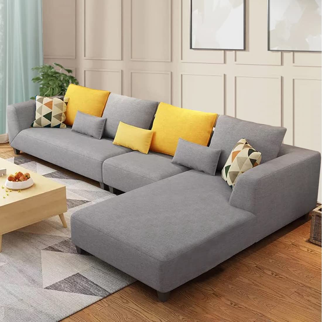 FURNY Menax 6 Seater Fabric RHS L Shape Sofa Set (Light Grey)