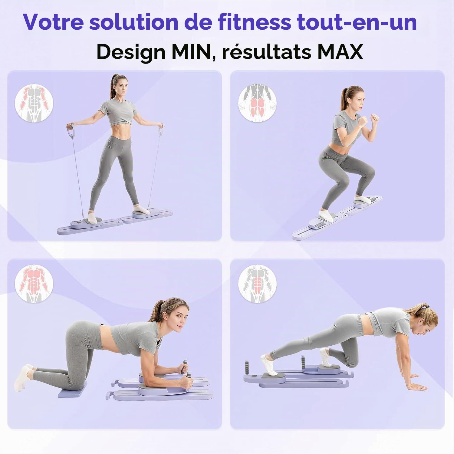 Planche de Pilates Reformer avec bandes de résistance – Machine de Pilates portable, entraînement complet du corps pour la maison, renforcement des fessiers et des jambes