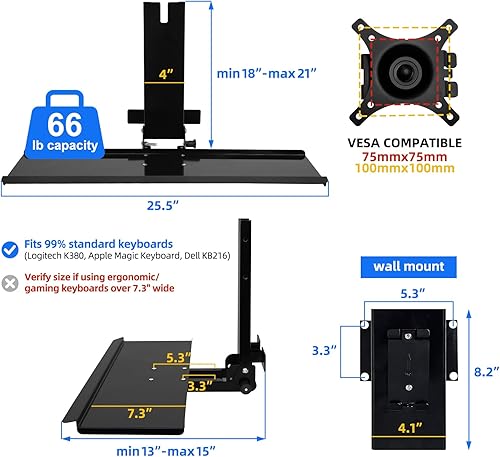Miniatura 2 de Soporte de pared para monitor con bandeja plegable para teclado, para Mac mini y PC pequeñas, compatible con teclados estándar, plataforma curvada