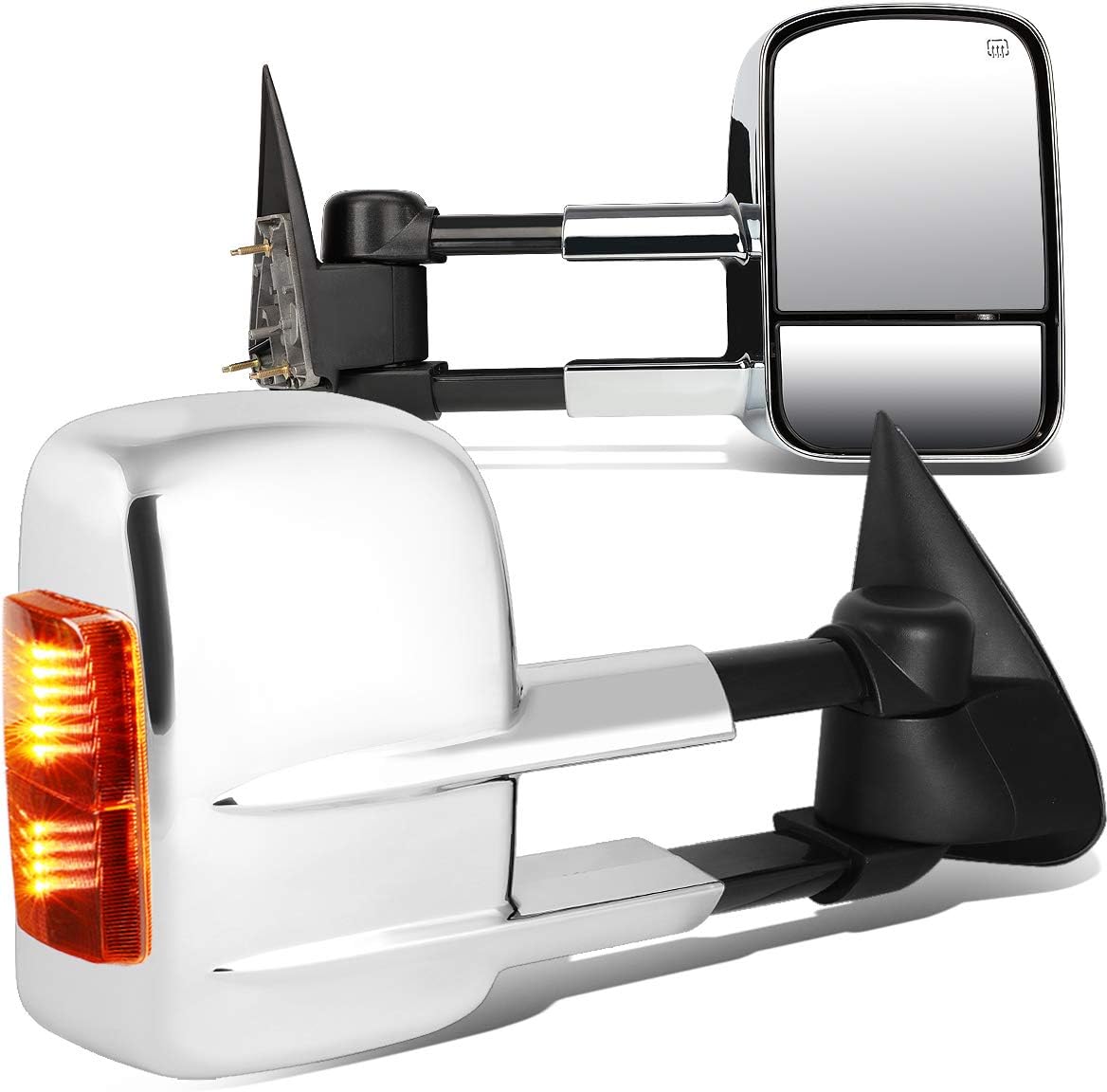 Auto Dynasty Pair Chrome Power Heated Amber LED Turn Signal Light Side Towing Mirrors Compatible with Silverado Sierra 99-02
