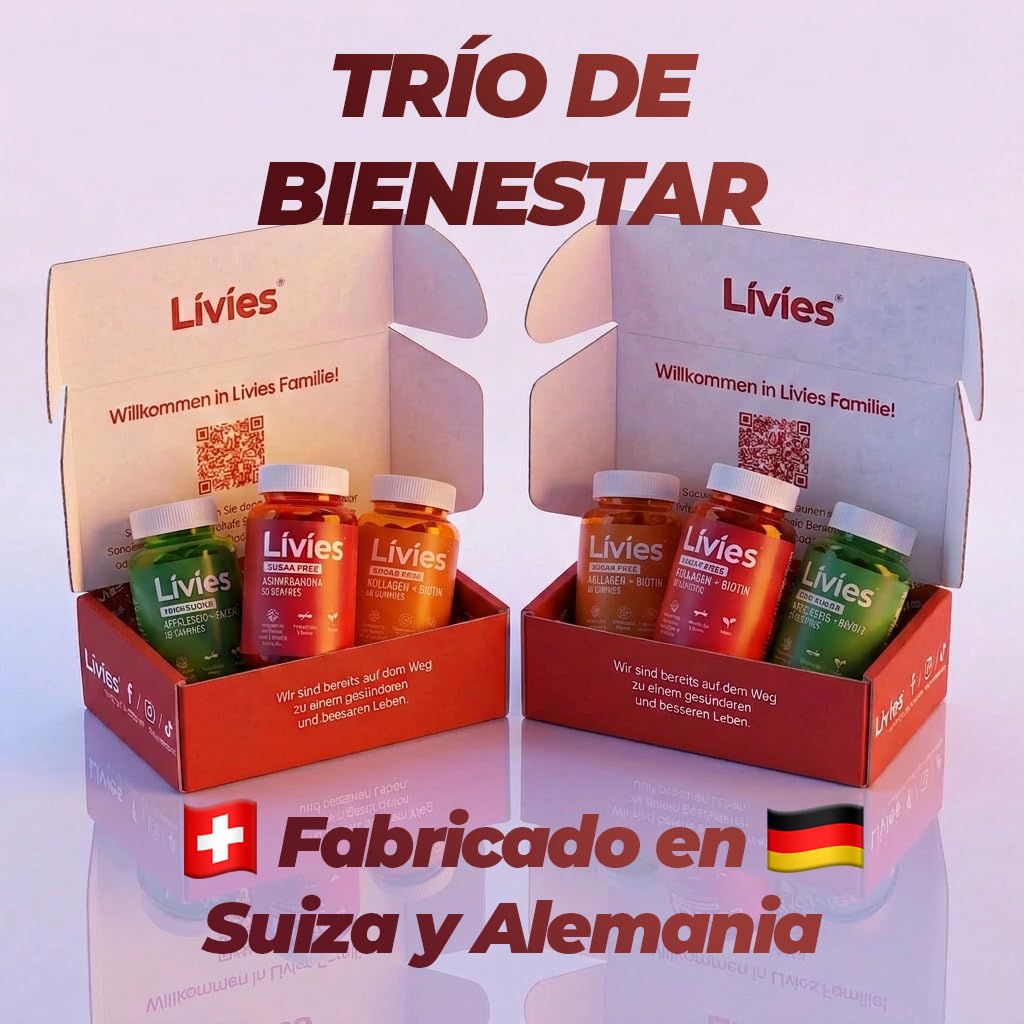 Trío de bienestar - Ashwagandha • Vinagre de manzana • Colágeno | Gominolas | Bajo en azúcar | Manufacturado en Suiza y Alemania | Sin Gluten | Sin Colorantes artificiales | 3 en 1 (6 botellas)
