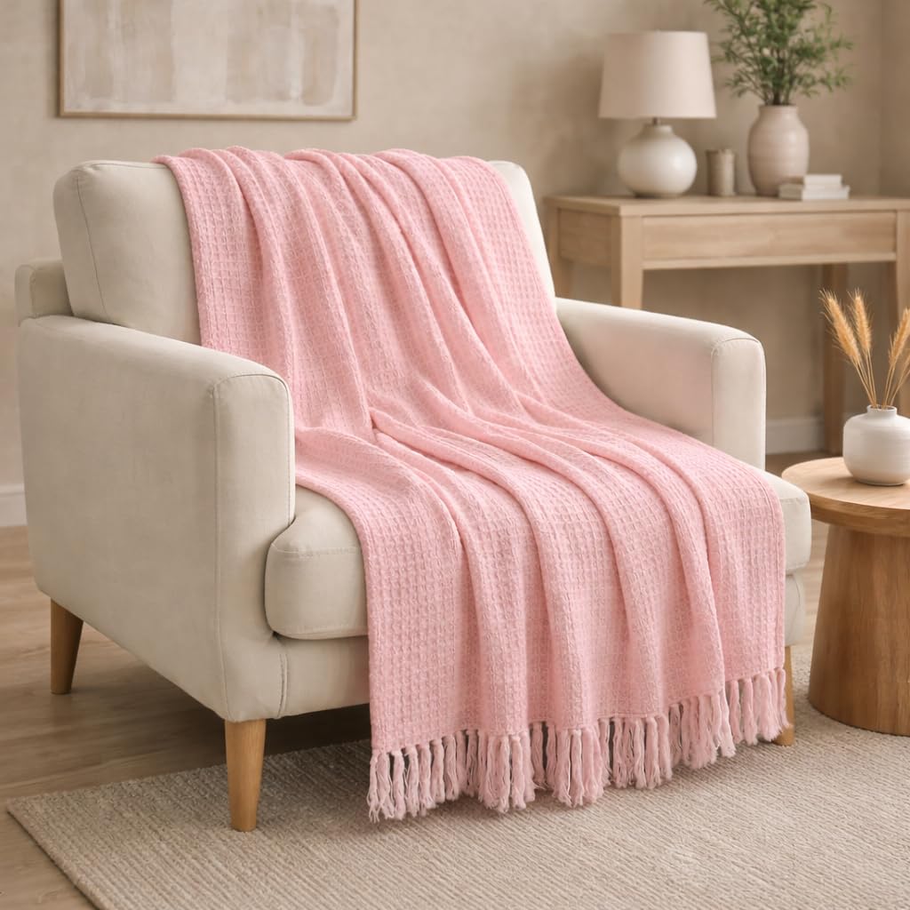 Tarantaran Textured Throw Blanket with Fringe, Pink, Soft Waffle Weave, Decorative Accent for Sofa and Chair-image-48