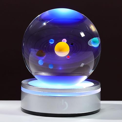 Bola de cristal del sistema solar 3D de 3.15 pulgadas, regalos de astronomía del espacio exterior para hombres y él con base de luz LED, regalos